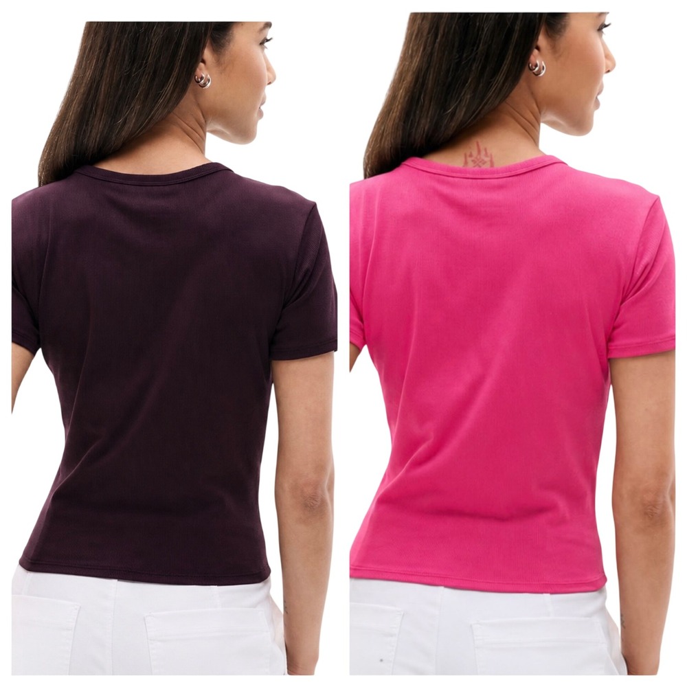 Athleta Signature Ribbed Crew Neck Tee Lot of 2 Pink Plum Stretch Tops Size S - Picture 2 of 8